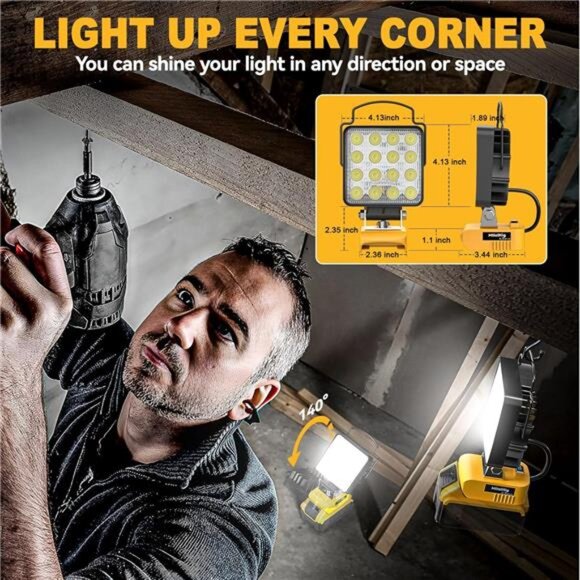 Cordless LED Work Light for Dewalt 18v 20v Battery, 48W 4800Lumens Underhood - Picture 6 of 7